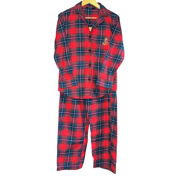 NWOT Lauren Ralph Lauren Embroidered Crest Plaid Pajama Set Small Christmas - Picture 2 of 8
